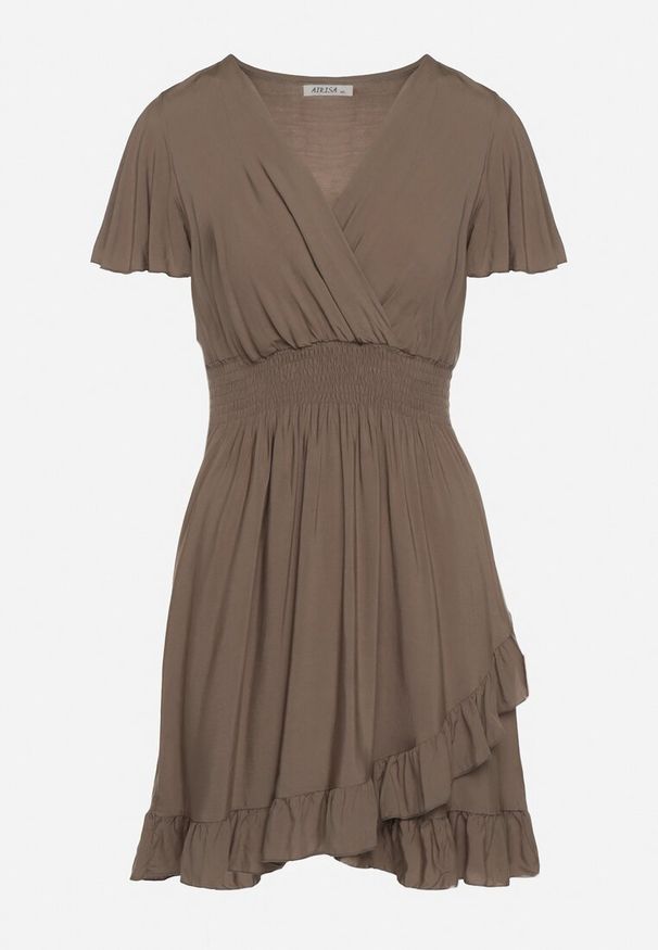 Born2be - Ciemnozielona Bawełniana Sukienka z Gumkami w Talii z Kopertowym Dekoltem i Falbankami Lolana. Typ kołnierza: kołnierz z falbankami. Kolor: brązowy. Materiał: bawełna. Długość rękawa: krótki rękaw. Typ sukienki: kopertowe