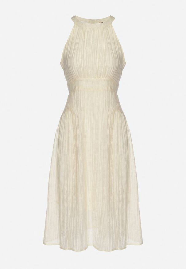 Born2be - Jasnobeżowa Rozkloszowana Sukienka z Tłoczonej Tkaniny z Wiązaniem z Tyłu Nimioretta. Okazja: na wesele, na ślub cywilny, na imprezę. Kolor: beżowy. Materiał: tkanina. Wzór: aplikacja. Typ sukienki: rozkloszowane. Styl: elegancki