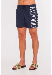 Emporio Armani - EMPORIO ARMANI Granatowe męskie szorty kąpielowe z białym logo, Rozmiar 50. Kolor: niebieski. Materiał: poliester #2