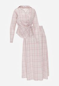 Born2be - Różowy Komplet z Bawełny Kopertowa Wiązana Bluzka i Rozkloszowana Spódnica Alais. Kolor: różowy. Materiał: bawełna #7