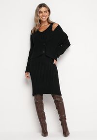 Born2be - Czarny 2-częściowy Komplet Dzianinowy z Kardiganem i Sukienką Maranasa. Kolor: czarny. Materiał: dzianina. Długość rękawa: na ramiączkach. Wzór: aplikacja, ze splotem #1
