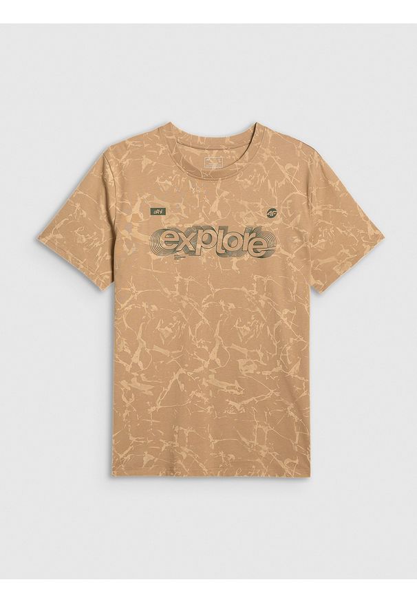 4f - 4F T-shirt regular z nadrukiem męski - beżowy XL. Okazja: na co dzień. Kolor: beżowy. Materiał: dzianina, bawełna. Długość rękawa: krótki rękaw. Długość: krótkie. Wzór: nadruk. Styl: casual