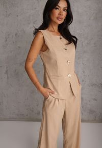 Renee - Beżowy Komplet z Bawełną w Garniturowym Stylu Kamizelka i Spodnie Meloreida. Kolor: beżowy. Materiał: bawełna. Wzór: gładki #2