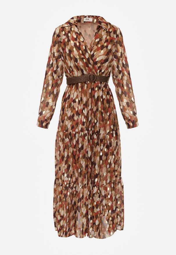 Renee - Brązowa Sukienka Bancroft z Błyszczącym Nadrukiem. Okazja: na co dzień. Typ kołnierza: dekolt kopertowy. Kolor: brązowy. Materiał: zamsz, poliester. Wzór: nadruk. Sezon: wiosna. Typ sukienki: kopertowe. Styl: boho, glamour, casual