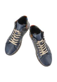 Niebieskie Botki Rieker Wygodne Buty Damskie. Zapięcie: zamek. Kolor: niebieski. Materiał: skóra, dzianina. Szerokość cholewki: normalna. Wzór: kolorowy #6