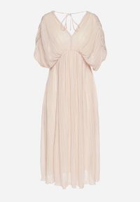 Born2be - Beżowa Sukienka Rozkloszowana z Wiązaniem na Szyi o Luźnym Kroju Napila. Okazja: na co dzień. Typ kołnierza: dekolt w kształcie V. Kolor: beżowy. Styl: klasyczny, casual, elegancki #4