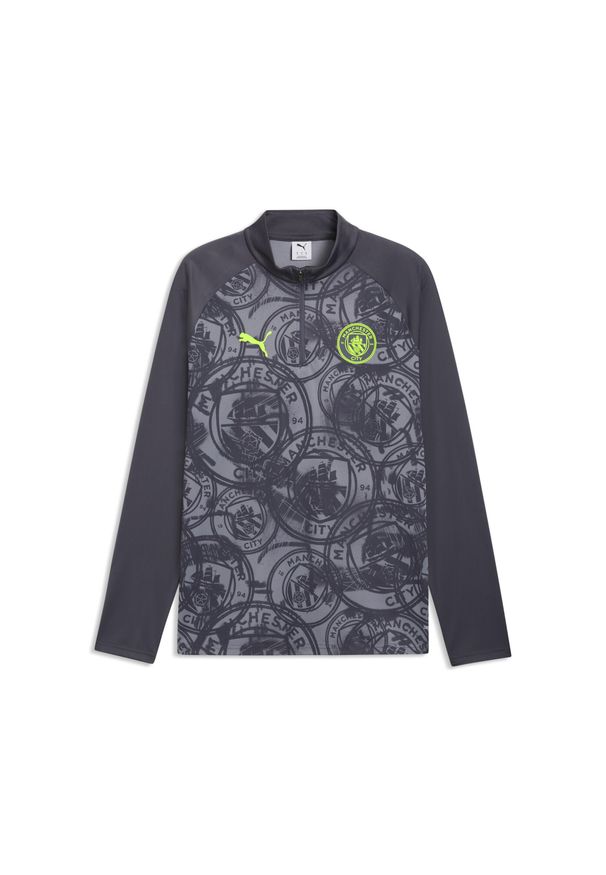 Puma - Męska koszulka na rozgrzewkę Manchester City z zamkiem 1/4 PUMA. Kolor: szary, wielokolorowy, zielony. Sport: piłka nożna