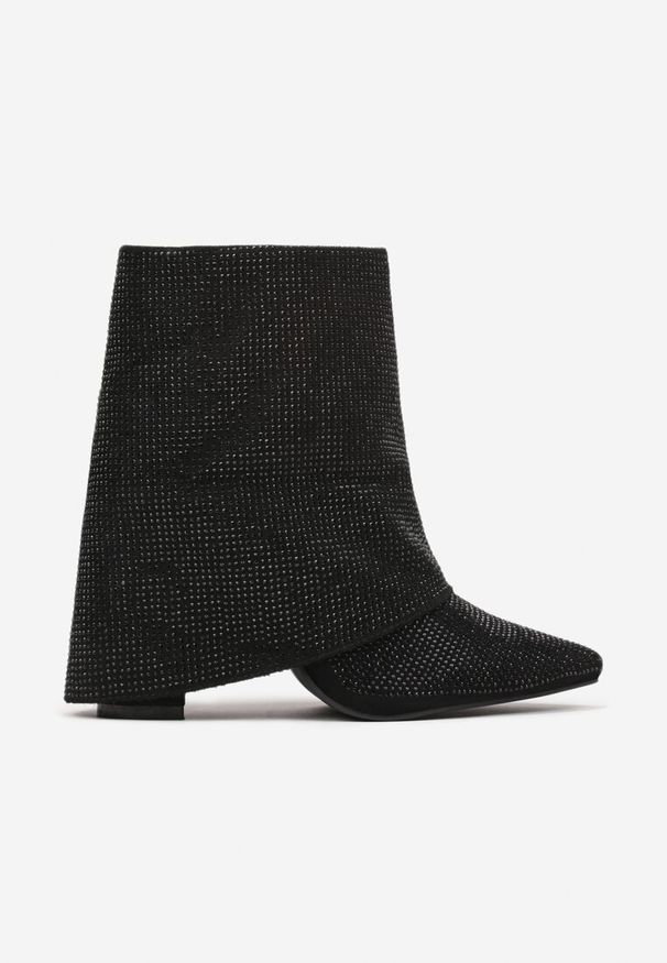 Renee - Czarne Eleganckie Botki z Cyrkoniami na Wywiniętej Cholewce Emiviraea. Zapięcie: zamek. Kolor: czarny. Materiał: skóra, jeans. Szerokość cholewki: normalna. Wzór: aplikacja. Styl: elegancki