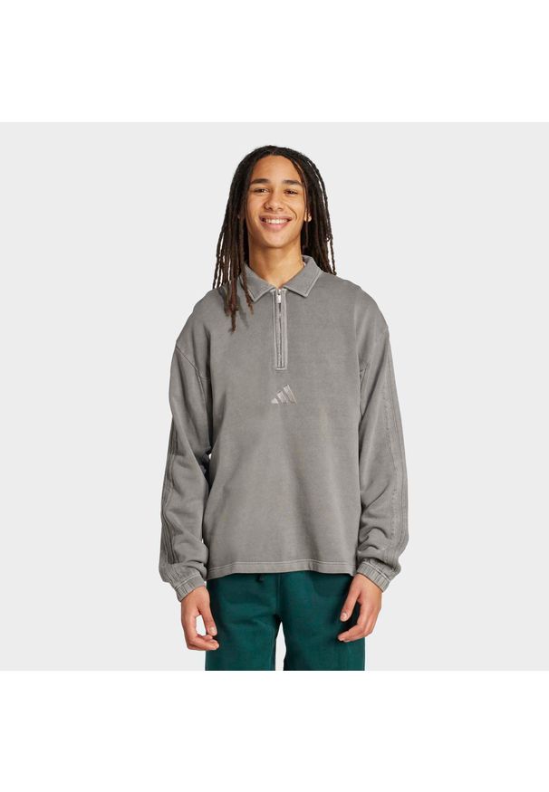 Adidas - Bluza frotte z efektem sprania ADIDAS All SZN na krótki suwak. Kolor: czarny. Materiał: dresówka, bawełna, włókno, prążkowany, tkanina. Długość: krótkie