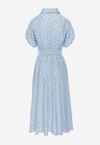 Born2be - Niebieska Koszulowa Sukienka z Wiskozy w Groszki z Wiązanym Paskiem w Talii Heless. Okazja: na co dzień, na spacer. Kolor: niebieski. Materiał: wiskoza. Wzór: grochy. Typ sukienki: koszulowe. Styl: casual, klasyczny, retro #7