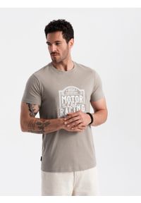 Ombre Clothing - T-shirt męski z nadrukiem w stylu motocyklowym – popielaty V3. Okazja: na co dzień. Kolor: szary. Materiał: materiał, bawełna. Wzór: nadruk. Styl: klasyczny, casual, elegancki #4