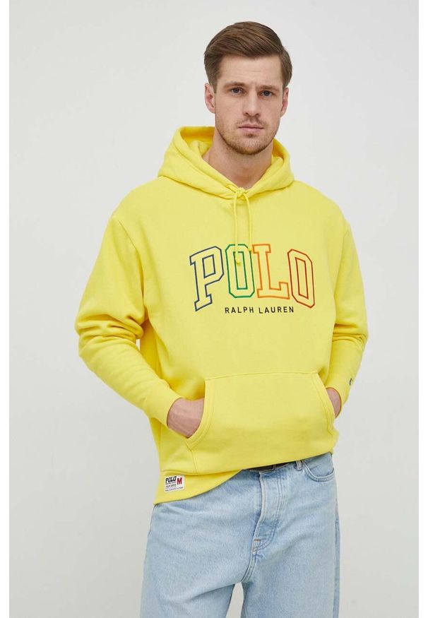 Polo Ralph Lauren bluza męska kolor żółty z kapturem z aplikacją. Typ kołnierza: kaptur, polo. Kolor: żółty. Wzór: aplikacja