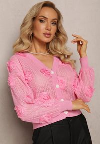 Renee - Różowy Kardigan z Ażurowym Zdobieniem w Kwiaty Barimona. Kolor: różowy. Materiał: tkanina. Wzór: aplikacja, ażurowy, kwiaty #5