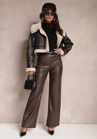 Renee - Brązowe Szerokie Spodnie High Waist z Imitacji Skóry Curbelo. Stan: podwyższony. Kolor: brązowy. Materiał: skóra #1
