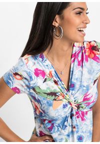 bonprix - T-shirt z mieszanki wiskozy. Typ kołnierza: dekolt w serek. Kolor: niebieski. Materiał: wiskoza. Wzór: gładki, nadruk, aplikacja #2