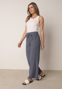 Born2be - Niebieskie Szerokie Spodnie z Teksturalnej Tkaniny z Wiązaniem w Pasie Agatia. Okazja: do pracy, na co dzień, na spacer. Stan: podwyższony. Kolor: niebieski. Materiał: tkanina. Długość: długie. Styl: wakacyjny, casual #7