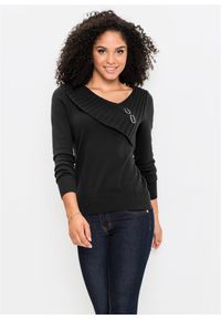 bonprix - Cienki sweter z bawełną. Kolor: czarny. Materiał: dzianina, bawełna. Wzór: gładki, ze splotem #1