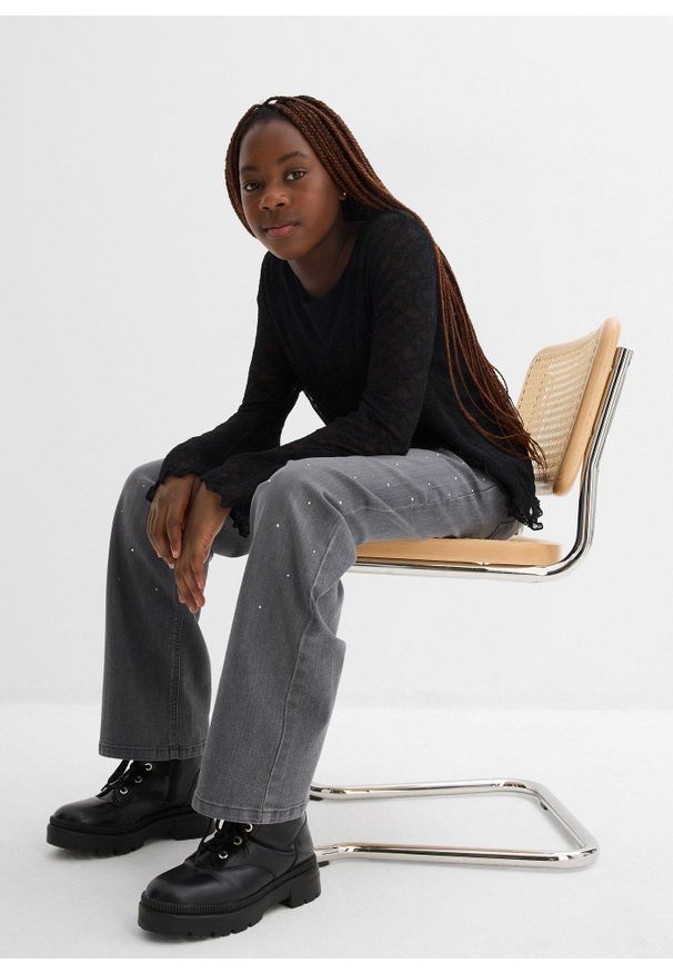 bonprix - Dżinsy wide leg ze sztrasami, średni stan. Kolor: szary. Wzór: aplikacja