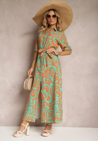 Renee - Zielono-Pomarańczowa Sukienka Koszulowa Maxi z Materiałowym Paskiem w Abstrakcyjny Print Lirans. Kolor: zielony. Materiał: materiał. Wzór: nadruk. Typ sukienki: koszulowe. Długość: maxi #5