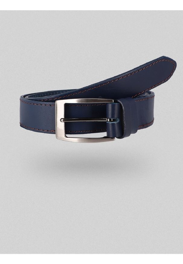Volcano - granatowy pasek z ochrową nicią REGO. Kolor: wielokolorowy, beżowy, niebieski. Materiał: skóra, jeans, materiał. Wzór: aplikacja. Styl: casual