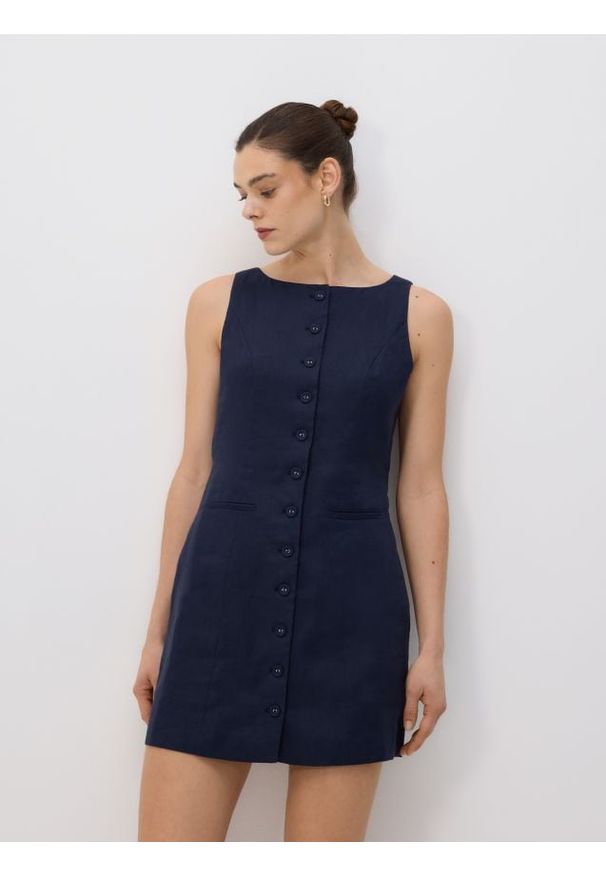 Reserved - Lniana sukienka mini - granatowy. Kolor: niebieski. Materiał: len. Typ sukienki: proste. Długość: mini