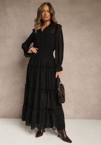 Renee - Czarna Sukienka VICES Koszulowa z Falbaną w Rustykalnym Stylu Arivite. Okazja: na imprezę, na co dzień. Kolor: czarny. Typ sukienki: koszulowe. Styl: casual #5