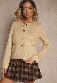 Renee - Beżowa Marynarka Bez Klap z Imitacji Zamszu Enalar. Okazja: na spotkanie biznesowe, na co dzień. Kolor: beżowy. Materiał: zamsz. Styl: casual, elegancki, wizytowy, biznesowy
