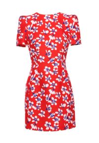 MOE - Elegancka sukienka ołówkowa mini w kwiaty czerwona. Kolor: czerwony, pomarańczowy. Wzór: kwiaty. Typ sukienki: ołówkowe. Styl: elegancki. Długość: mini #3