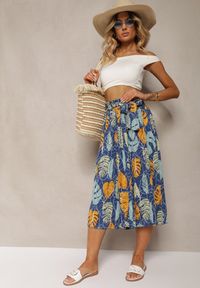 Renee - Niebiesko-Żółte Spodnie Szwedy z Bawełną High Waist Wykończone Gumką w Talii Pasefia. Okazja: do pracy, na co dzień. Stan: podwyższony. Kolor: niebieski. Materiał: bawełna. Styl: casual, elegancki