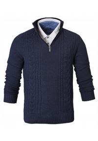 Bawełniany Sweter na Zamek, Wysoki Kołnierz - Pako Jeans - Granatowy. Kolor: niebieski. Materiał: bawełna. Sezon: wiosna, zima, jesień. Styl: elegancki, klasyczny #3