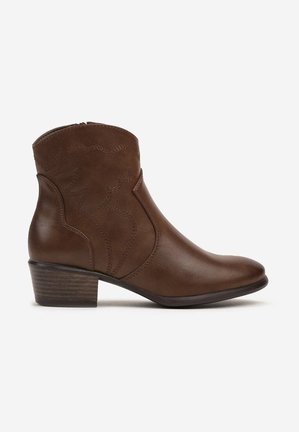 Born2be - Brązowe Casualowe Botki Kowbojki na Słupku o Niskiej Cholewce Zinlavelle. Okazja: na co dzień. Kolor: brązowy. Materiał: bawełna, jeans, jedwab. Szerokość cholewki: normalna. Obcas: na słupku. Styl: casual