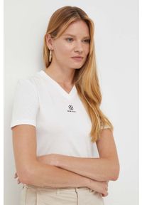 Miss Sixty t-shirt z domieszką jedwabiu kolor biały. Kolor: biały. Materiał: jedwab. Długość rękawa: krótki rękaw. Długość: krótkie