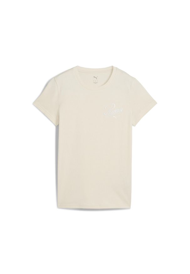 Puma - Damska koszulka ESS SCRIPT PUMA. Kolor: beżowy, biały, wielokolorowy. Wzór: haft. Sport: bieganie