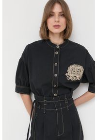 TwinSet - Twinset koszula bawełniana damska kolor czarny relaxed. Kolor: czarny. Materiał: bawełna. Długość rękawa: krótki rękaw. Długość: krótkie. Wzór: haft #1