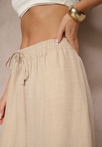 Renee - Beżowe Szerokie Spodnie High Waist Ozdobione Wiązaniem Telonia. Okazja: na co dzień. Stan: podwyższony. Kolor: beżowy. Wzór: aplikacja. Styl: casual, elegancki #4