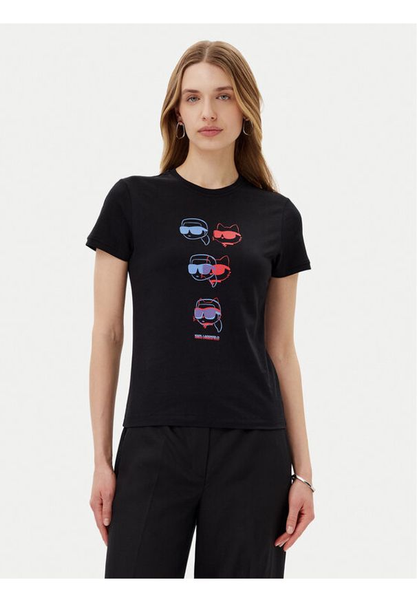 Karl Lagerfeld - KARL LAGERFELD T-Shirt A2W17112 Czarny Regular Fit. Typ kołnierza: dekolt w karo. Kolor: czarny. Materiał: bawełna