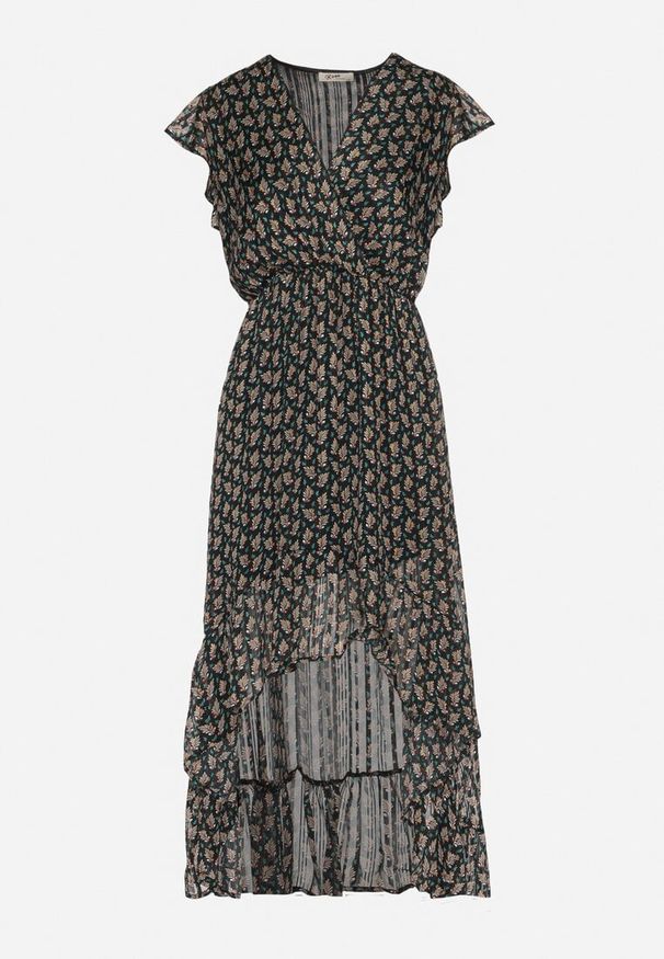 Born2be - Czarna Rozkloszowana Sukienka z Kopertowym Dekoltem z Gumką w Pasie i Falbanką Tiamala. Okazja: na spotkanie biznesowe. Kolor: czarny. Typ sukienki: kopertowe. Styl: biznesowy