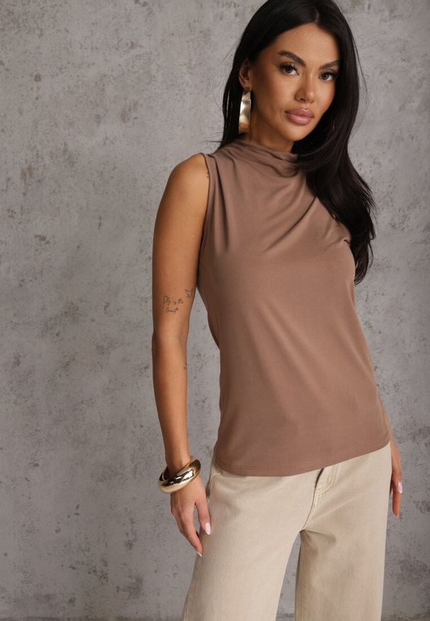 Renee - Brązowa Bluzka Top Bez Rękawów ze Stójką Nedire. Typ kołnierza: kołnierzyk stójkowy. Kolor: brązowy. Materiał: elastan, materiał, jeans, poliester. Długość rękawa: bez rękawów. Styl: elegancki