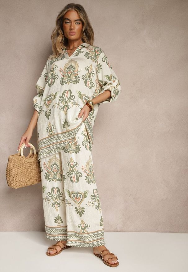 Renee - Zielony Komplet z Wiskozą Szerokie Spodnie i Bluzka w Stylu Boho Rinadora. Kolor: zielony. Materiał: wiskoza
