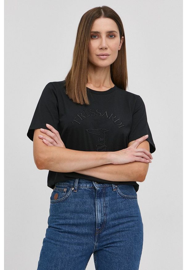 Trussardi Jeans - Trussardi - T-shirt bawełniany. Okazja: na co dzień. Kolor: czarny. Materiał: bawełna. Wzór: haft. Styl: casual