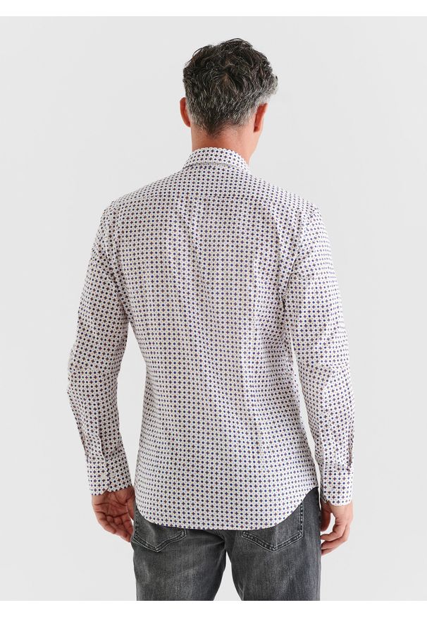 Pako Lorente - Biała koszula w niebiesko-żółty wzór P23WF-1X-018-B-S. Kolor: wielokolorowy, niebieski, biały, żółty. Materiał: bawełna, elastan