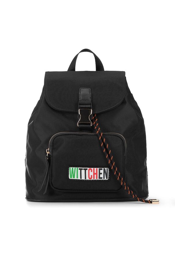 Wittchen - Damski plecak ze sznurkowym ściągaczerm. Kolor: czarny. Materiał: nylon. Wzór: aplikacja. Styl: młodzieżowy
