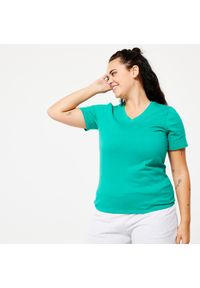 DOMYOS - Koszulka z krótkim rękawem damska Domyos Gym & Pilates 500. Kolor: zielony. Materiał: materiał, bawełna. Długość rękawa: krótki rękaw. Długość: krótkie. Sport: joga i pilates #1