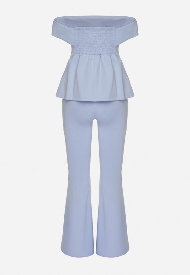 Born2be - Niebieski Komplet Garniturowy Bluzka Hiszpanka z Guzikami i Spodnie Dzwony Yaskio. Kolor: niebieski. Materiał: materiał. Wzór: aplikacja