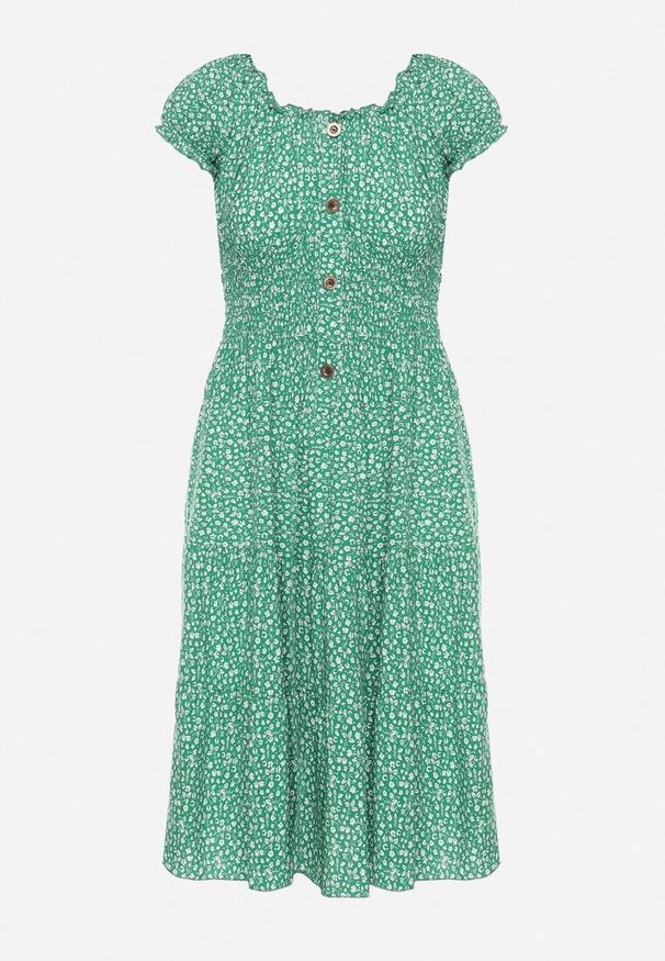 Born2be - Zielona Bawełniana Sukienka w Drobne Kwiaty z Gumkami w Talii Fielita. Kolor: zielony. Materiał: bawełna. Długość rękawa: krótki rękaw. Wzór: kwiaty. Sezon: lato. Styl: elegancki