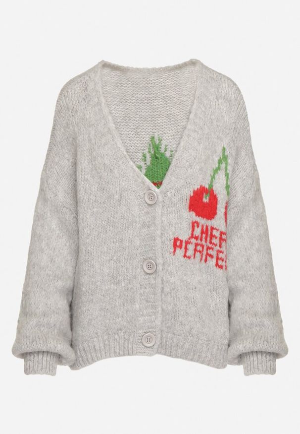 Born2be - Szary Kardigan z Wełną Ozdobiony Wiśnią i Napisem Irissora. Kolor: szary. Materiał: wełna. Wzór: napisy, aplikacja. Styl: klasyczny, elegancki