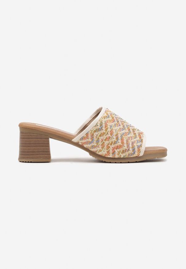 Renee - Beżowe Klapki na Słupku z Geometrycznym Wzorem Florreia. Okazja: na co dzień. Kolor: beżowy. Wzór: geometria. Obcas: na słupku. Styl: elegancki, casual. Wysokość obcasa: średni