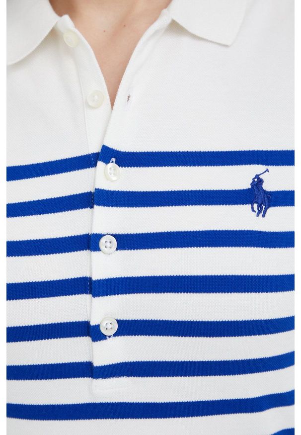 Polo Ralph Lauren sukienka midi rozkloszowana. Typ kołnierza: polo. Kolor: niebieski. Materiał: dzianina. Długość rękawa: krótki rękaw. Typ sukienki: rozkloszowane. Długość: midi