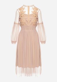 Born2be - Ciemnobeżowa Rozkloszowana Sukienka Tiulową z Koronką Llaudia. Kolor: beżowy. Materiał: tiul, koronka. Wzór: koronka #7