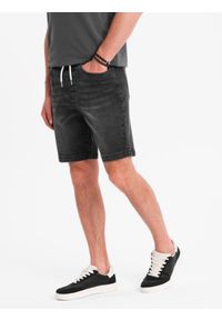Ombre Clothing - Męskie szorty z gumką w pasie i efektem sprania – czarne V4 OM-SRDS-0192 - XXL. Okazja: na co dzień. Kolor: czarny. Materiał: skóra, denim, elastan, bawełna, materiał. Sezon: lato. Styl: elegancki, casual